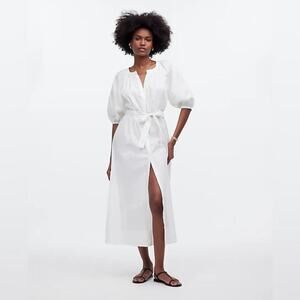 madewell tie-waist button-front midi dress poplin white ns132 women size medium